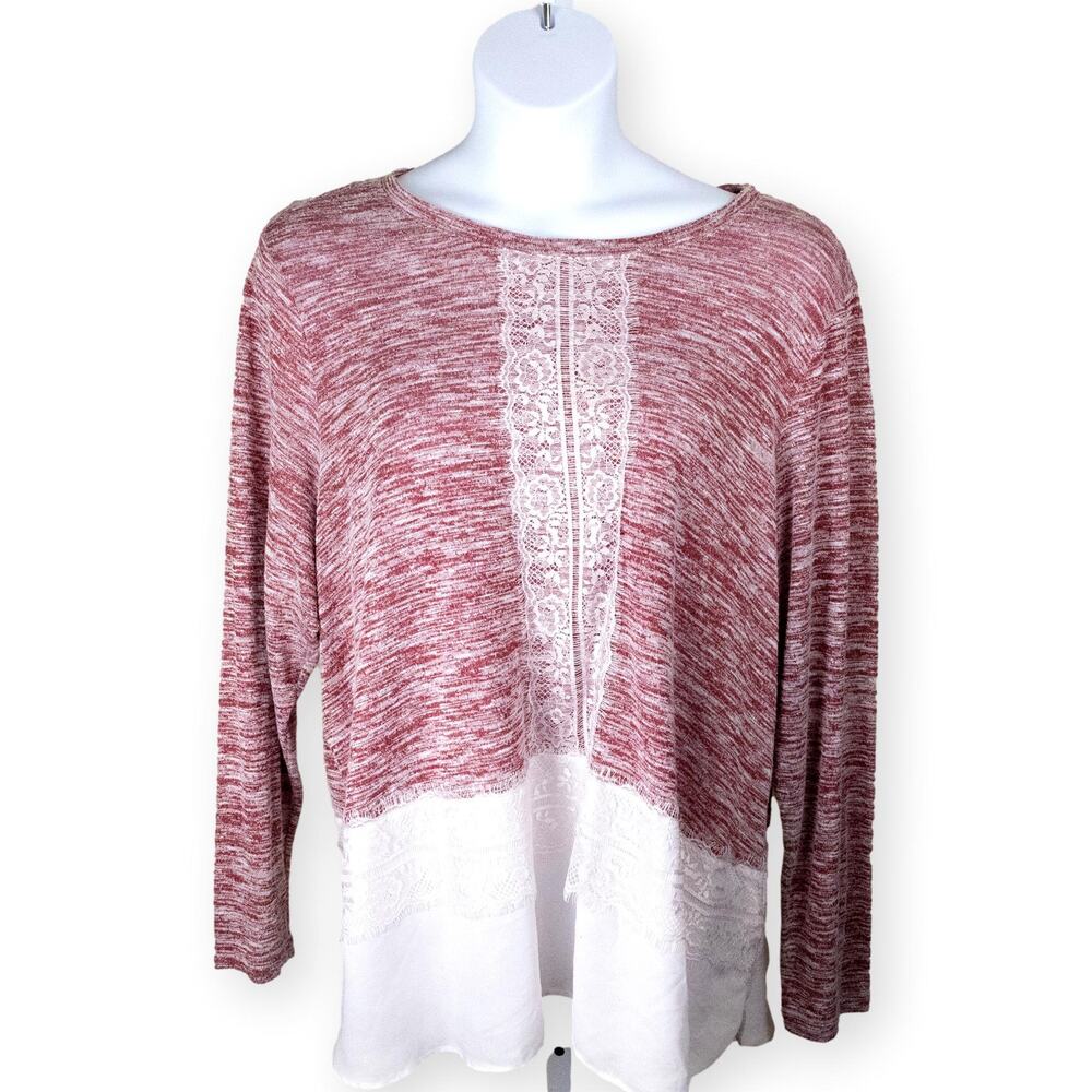Valerie Stevens Marled Pink White Lace Knit Top 3X